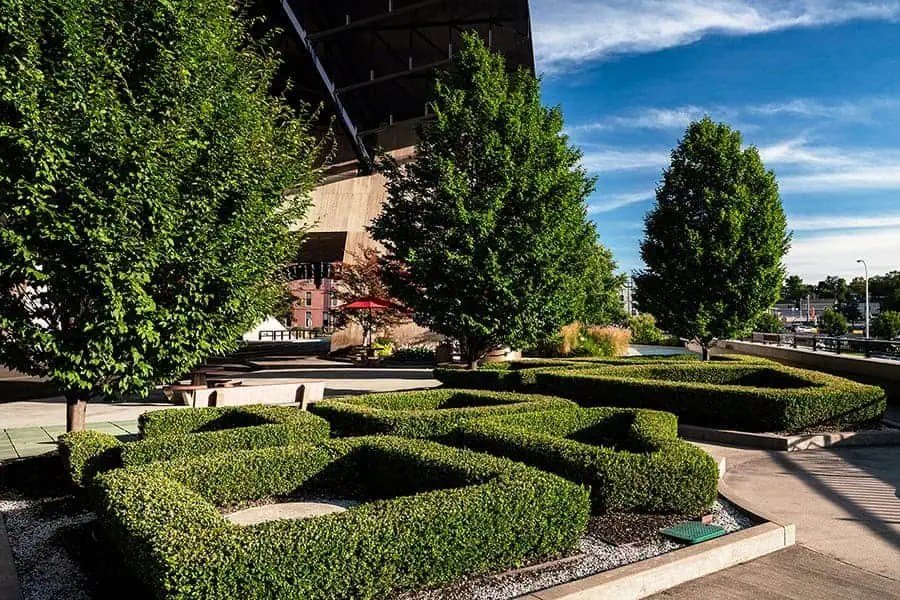 Commercial property with healthy evergreen trees and landscape beds
