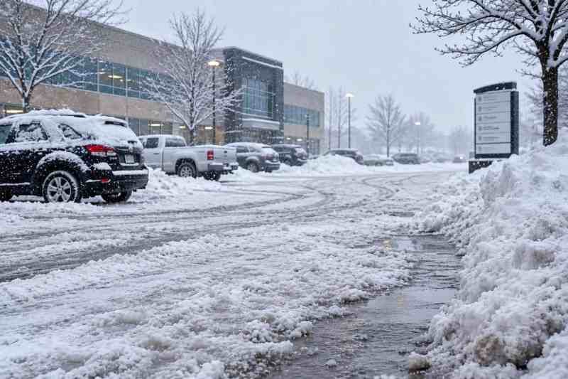 Unplowed commercial parking lot covered in snow and ice, creating hazardous conditions for vehicles and pedestrians in Western New York.