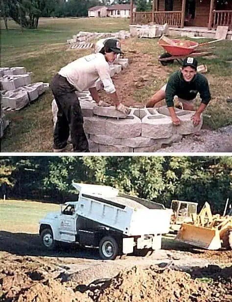 R.M. Landscape employees building a natural stone retaining wall during an early landscaping project
